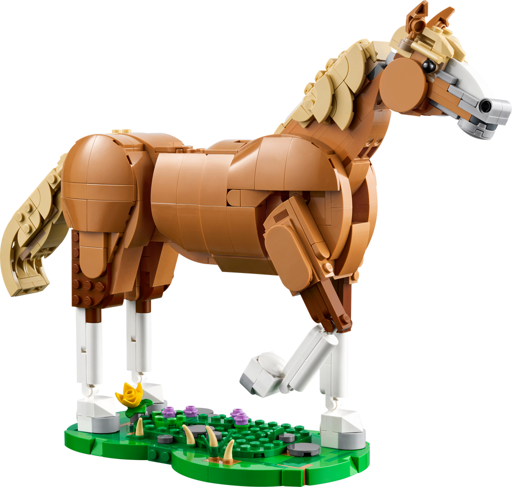 Lego horse made of interlocking bricks on a white background