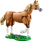 Lego horse made of interlocking bricks on a white background