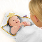 ClevaMama bamboo towel hood keeping baby warm