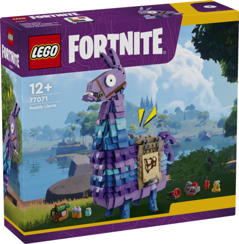 LEGO Fortnite Supply Llama toy building set box, showing the assembled purple and blue llama figure with a tan saddle on a scenic game-style landscape. LEGO and Fortnite branding are visible on the package.