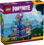 LEGO Fortnite Supply Llama toy building set box, showing the assembled purple and blue llama figure with a tan saddle on a scenic game-style landscape. LEGO and Fortnite branding are visible on the package.
