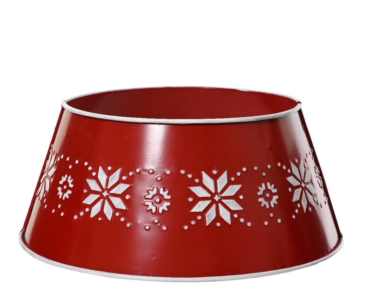 Red decorative tree collar with white snowflake patterns on a white background