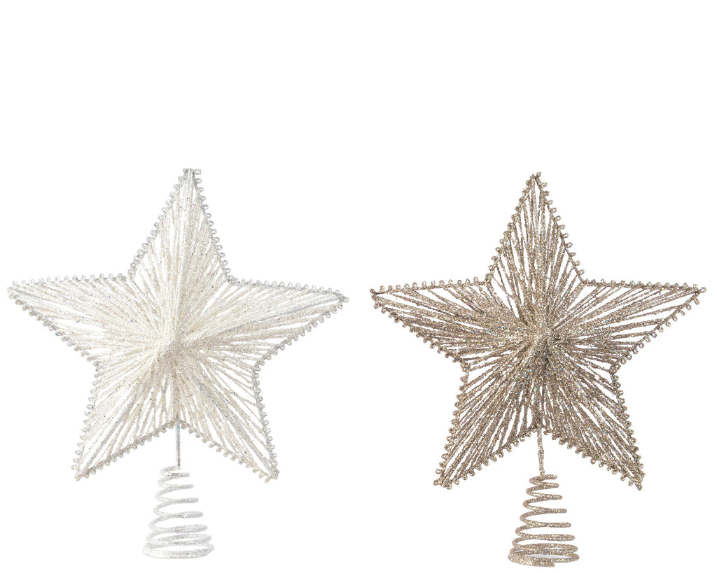 Two star-shaped Christmas tree toppers, one silver and one gold, on a white background.