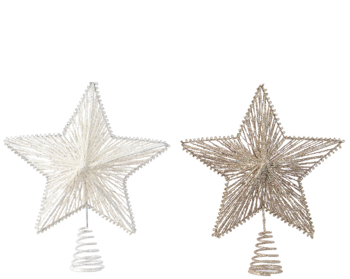 Two star-shaped Christmas tree toppers, one silver and one gold, on a white background.