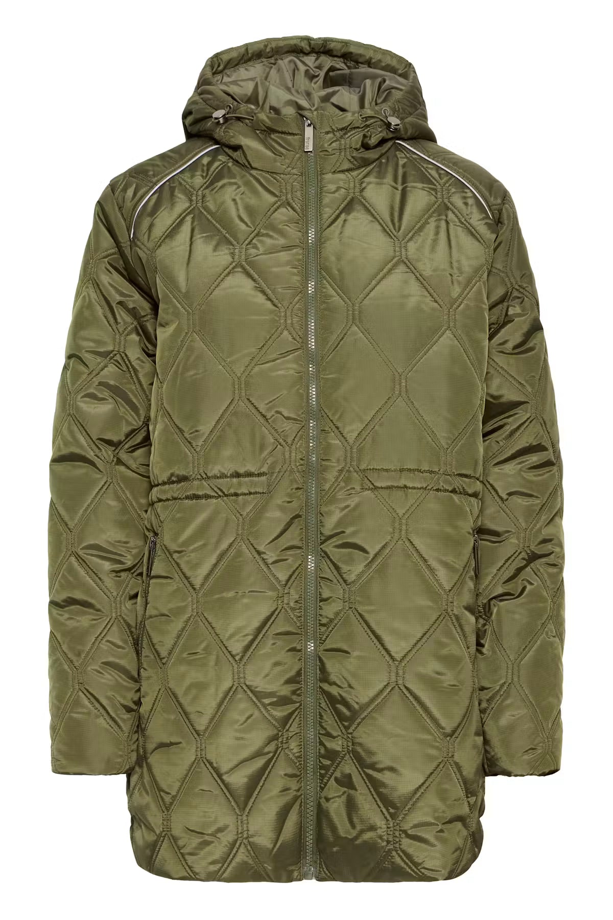 An FRAGATE Outerwear in Grape Leaf/Green quilted hooded jacket with a diamond pattern, shown against a plain white background.