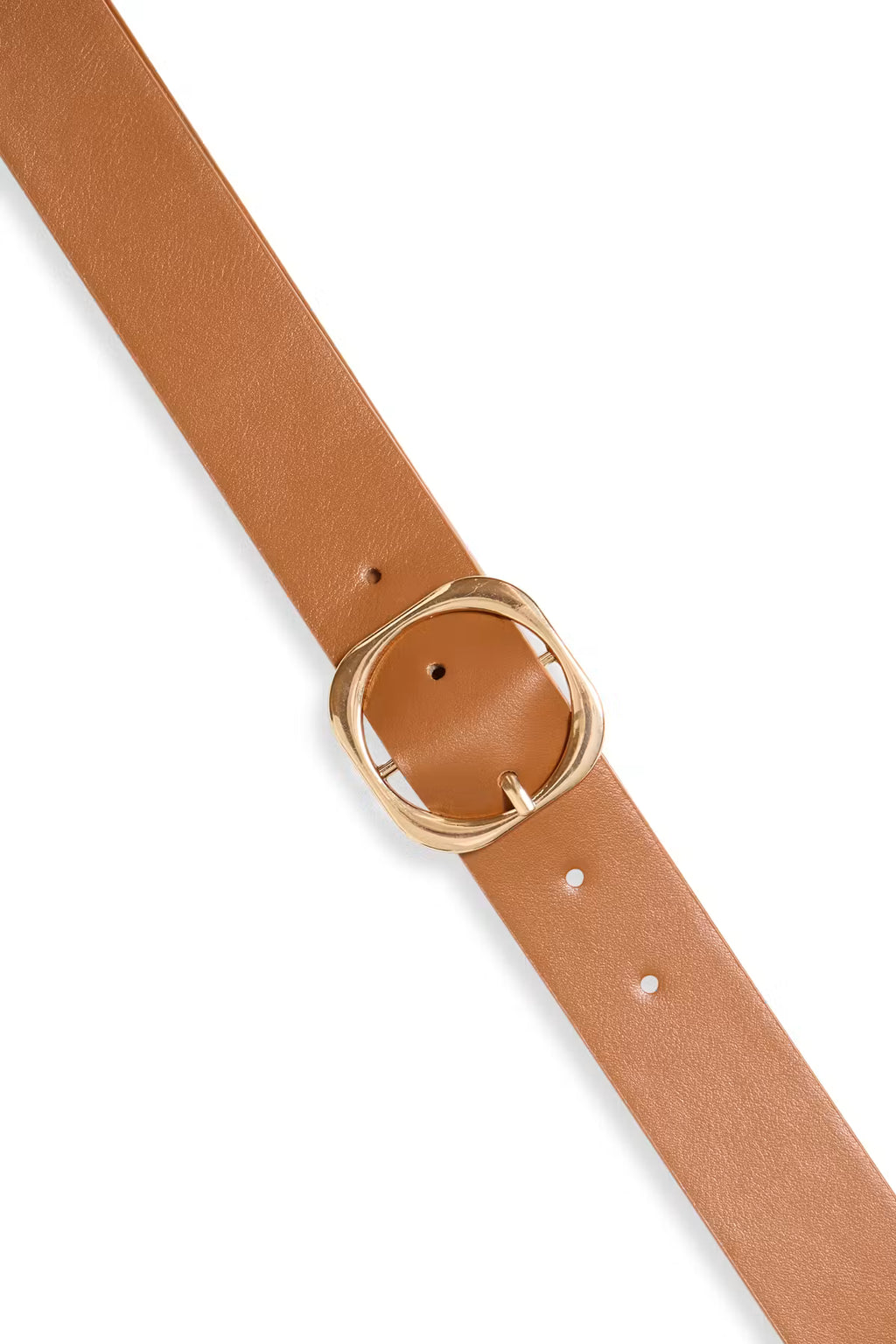 A tan leather belt with a square gold-tone metal buckle, shown diagonally on a plain white background.