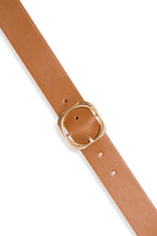 A tan leather belt with a square gold-tone metal buckle, shown diagonally on a plain white background.