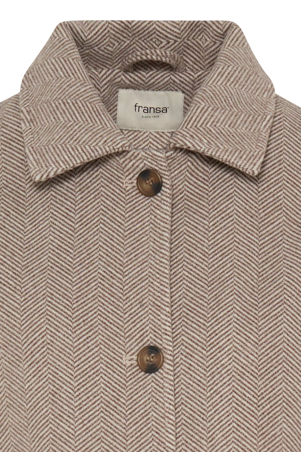 Close-up of a Fransa London herringbone patterned jacket in beige and brown, featuring a pointed collar and dark brown buttons.
