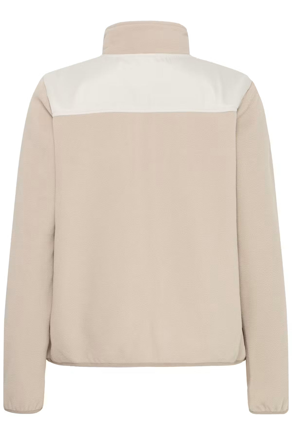 A FRFLEA Outerwear in String/Nature shown from the back, featuring a light beige body with a contrasting white yoke and collar.