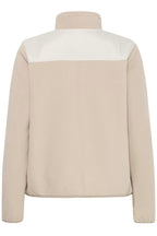 A FRFLEA Outerwear in String/Nature shown from the back, featuring a light beige body with a contrasting white yoke and collar.