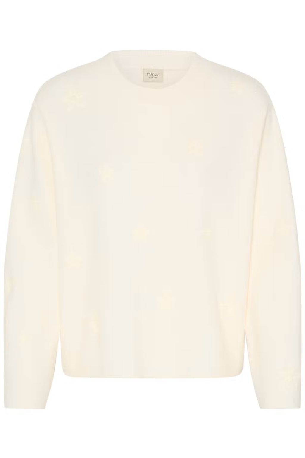 An Whisper White pullover with a subtle tonal floral pattern, displayed against a solid white background.