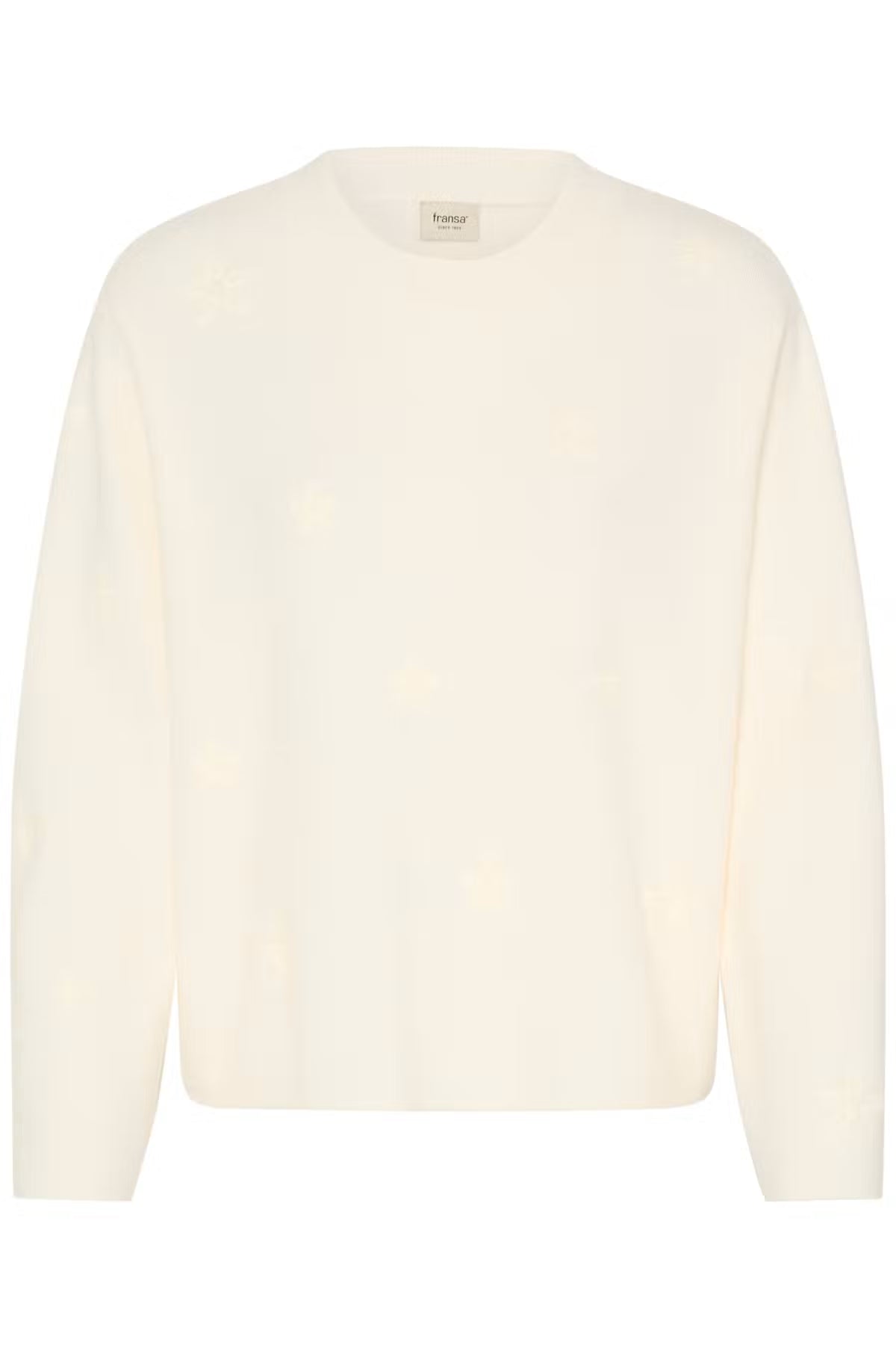 An Whisper White pullover with a subtle tonal floral pattern, displayed against a solid white background.