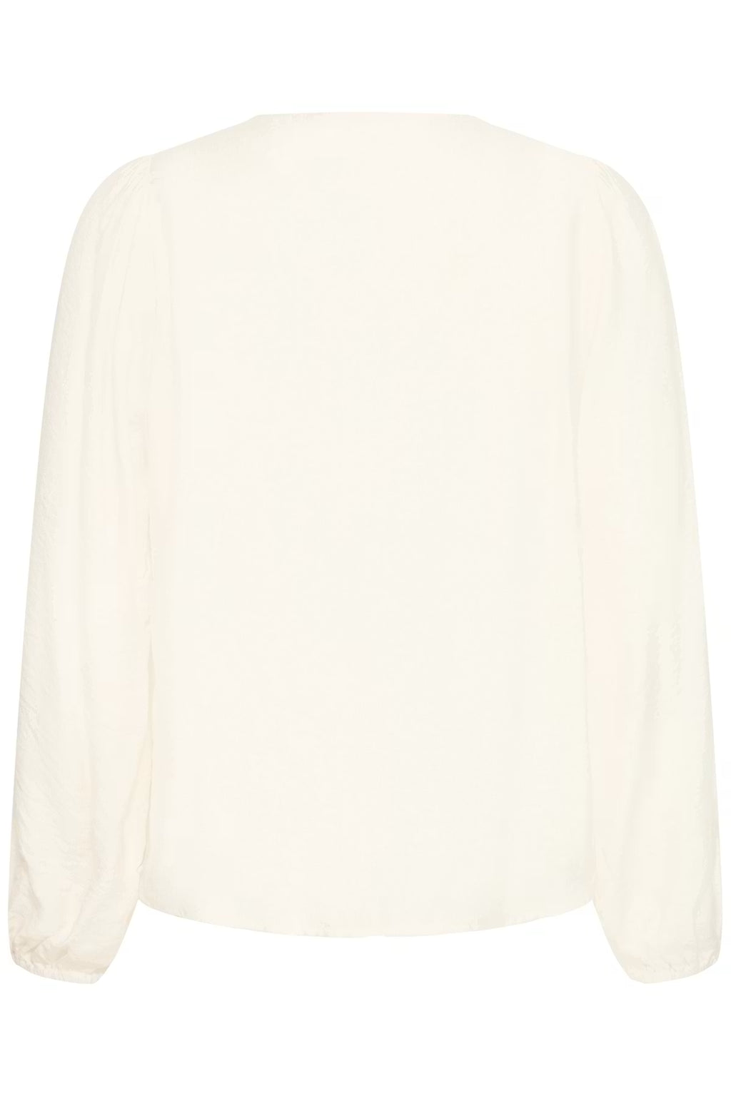 An Whisper White long-sleeve blouse with a round neckline, shown from the back against a plain white background.
