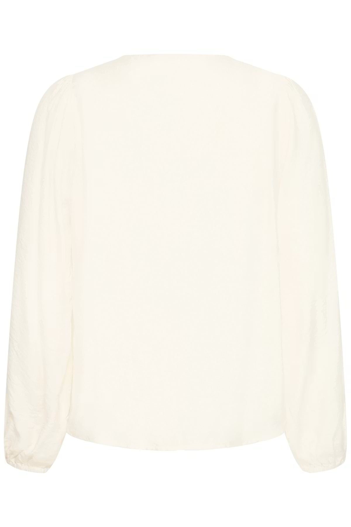 An Whisper White long-sleeve blouse with a round neckline, shown from the back against a plain white background.