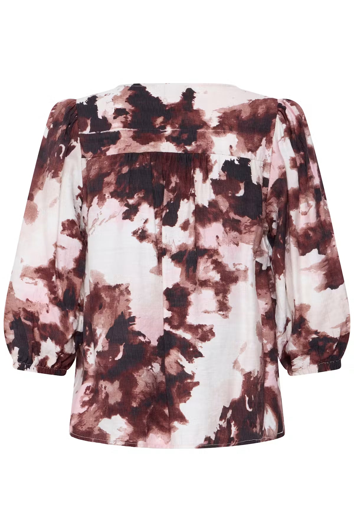 A Watercolour Bloom Rum Raisin / Red women's long-sleeve blouse  against a plain white background.