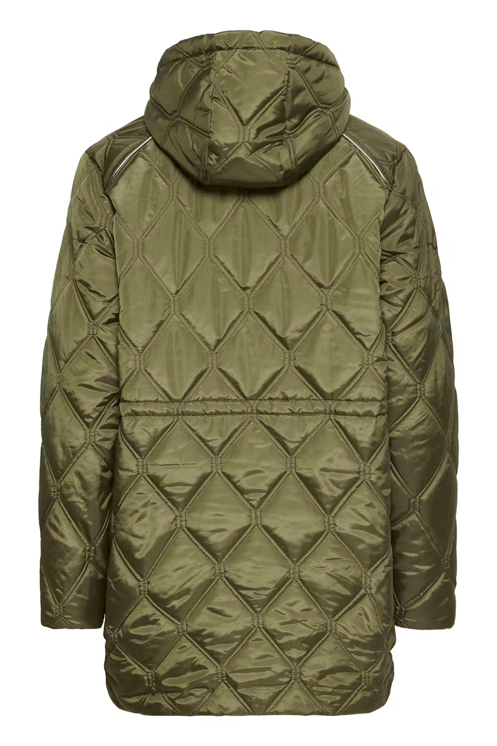 An FRAGATE Outerwear in Grape Leaf/Green quilted puffer jacket with a diamond pattern, featuring a hood and zippered shoulder details, shown from the back on a white background.