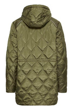 An FRAGATE Outerwear in Grape Leaf/Green quilted puffer jacket with a diamond pattern, featuring a hood and zippered shoulder details, shown from the back on a white background.