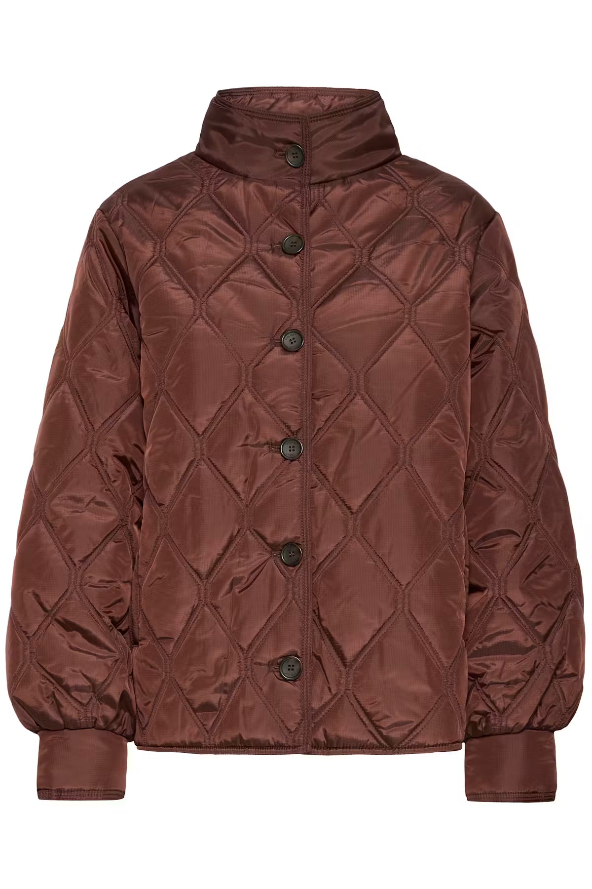 FRAGATE Outerwear in Rum Raisin/Red with a high stand-up collar and dark buttons, shown against a plain white background.