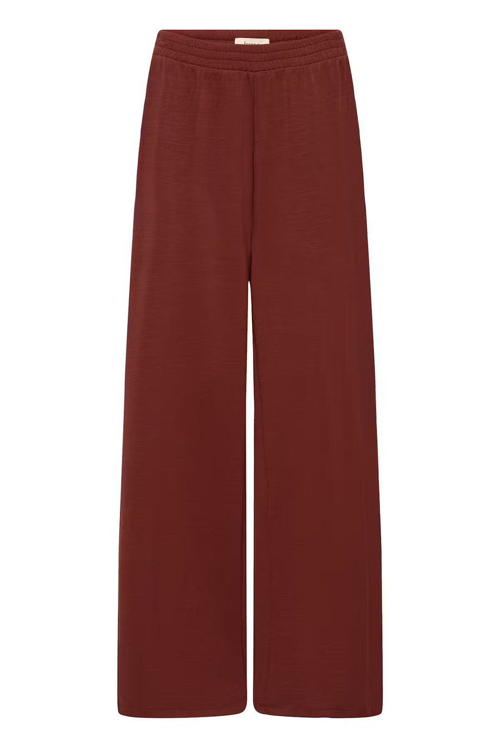 A pair of wide-leg trousers in a deep rust red color, shown flat against a solid white background.