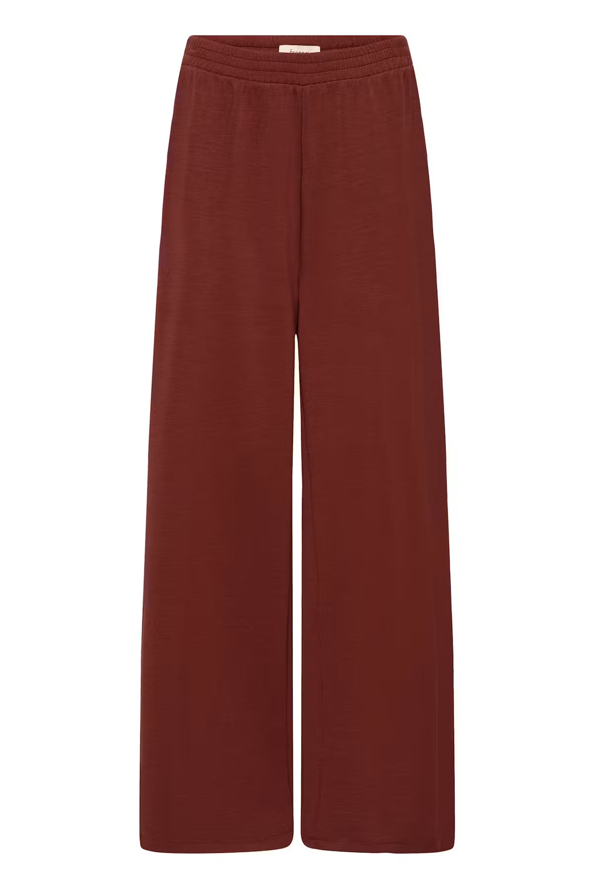 A pair of wide-leg trousers in a deep rust red color, shown flat against a solid white background.