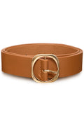 A tan leather belt with a large, polished gold-tone double-ring buckle, coiled and presented on a clean white background.