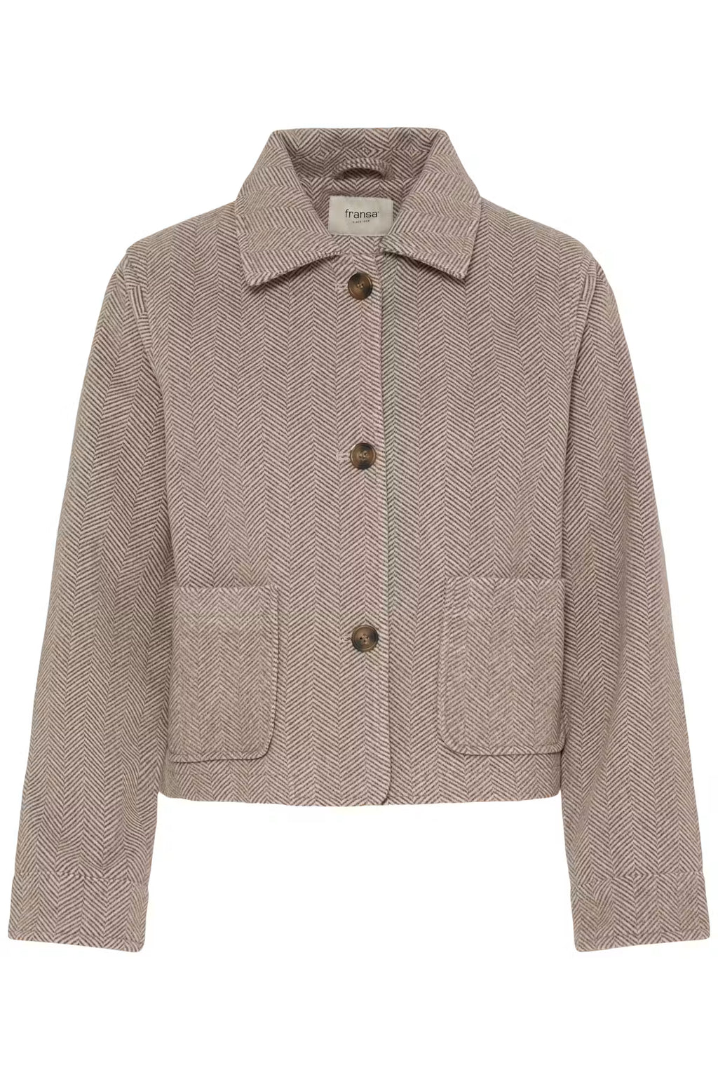 A cropped hFREVILLA Outerwear in Rain-Drum Mix/Brown, featuring a pointed collar, three dark brown buttons, and two front patch pockets, shown against a plain white background.