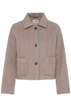 A cropped hFREVILLA Outerwear in Rain-Drum Mix/Brown, featuring a pointed collar, three dark brown buttons, and two front patch pockets, shown against a plain white background.