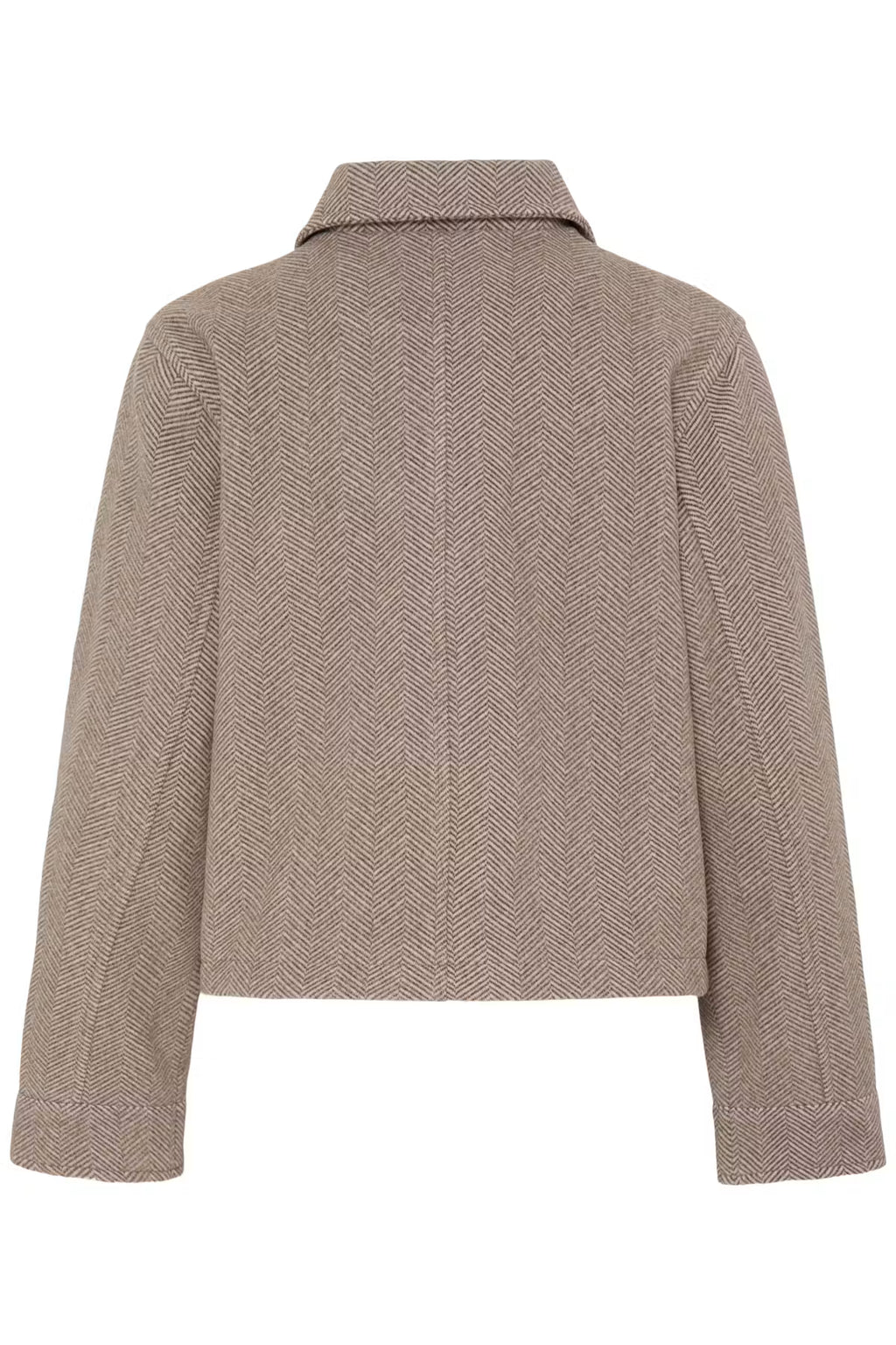 A cropped FREVILLA Outerwear in Rain-Drum Mix/Brown in a taupe-brown tweed fabric, shown from the back against a plain white background.