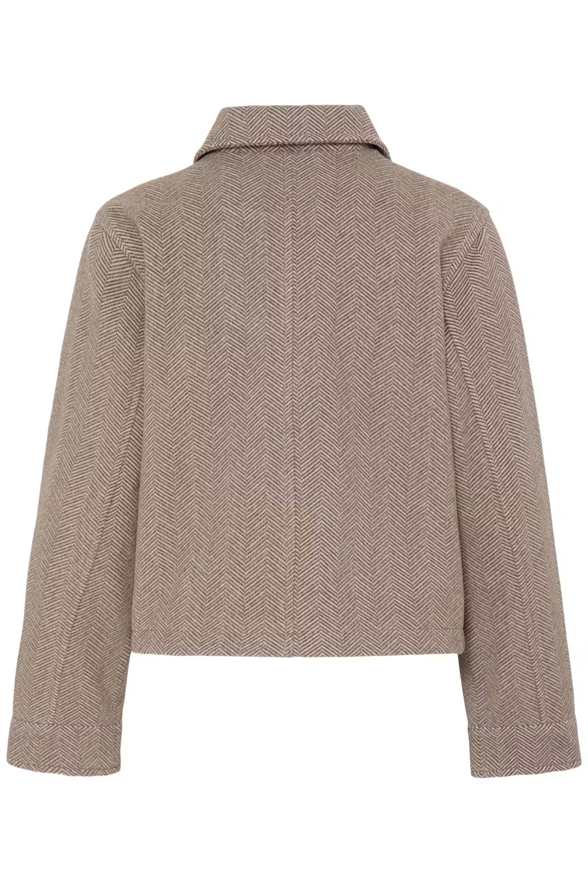 A cropped FREVILLA Outerwear in Rain-Drum Mix/Brown in a taupe-brown tweed fabric, shown from the back against a plain white background.