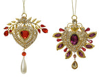 Acrylic heart Christmas ornament with strass stones and gem details – set of 2 assorted designs in red and gold