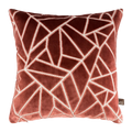A square Veda Cushion in Antique Rose , featuring a white geometric line pattern and a small brown 'The Pillow Box' brand tag on the bottom right corner, set against a plain white background.