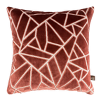 A square Veda Cushion in Antique Rose , featuring a white geometric line pattern and a small brown 'The Pillow Box' brand tag on the bottom right corner, set against a plain white background.