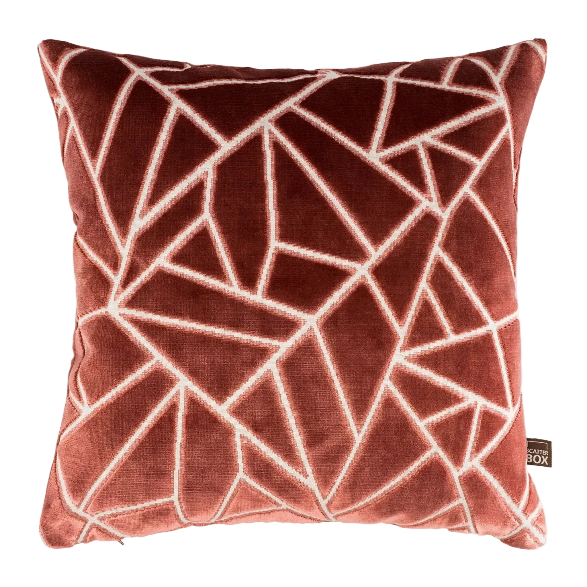 A square Veda Cushion in Antique Rose , featuring a white geometric line pattern and a small brown 'The Pillow Box' brand tag on the bottom right corner, set against a plain white background.