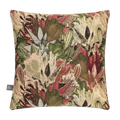A square decorative tMerida Cushion in Green featuring a detailed woven botanical pattern of cacti, succulents, and leaves in shades of green, beige, rust red, and brown, shown against a plain white background.