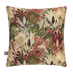 A square decorative tMerida Cushion in Green featuring a detailed woven botanical pattern of cacti, succulents, and leaves in shades of green, beige, rust red, and brown, shown against a plain white background.