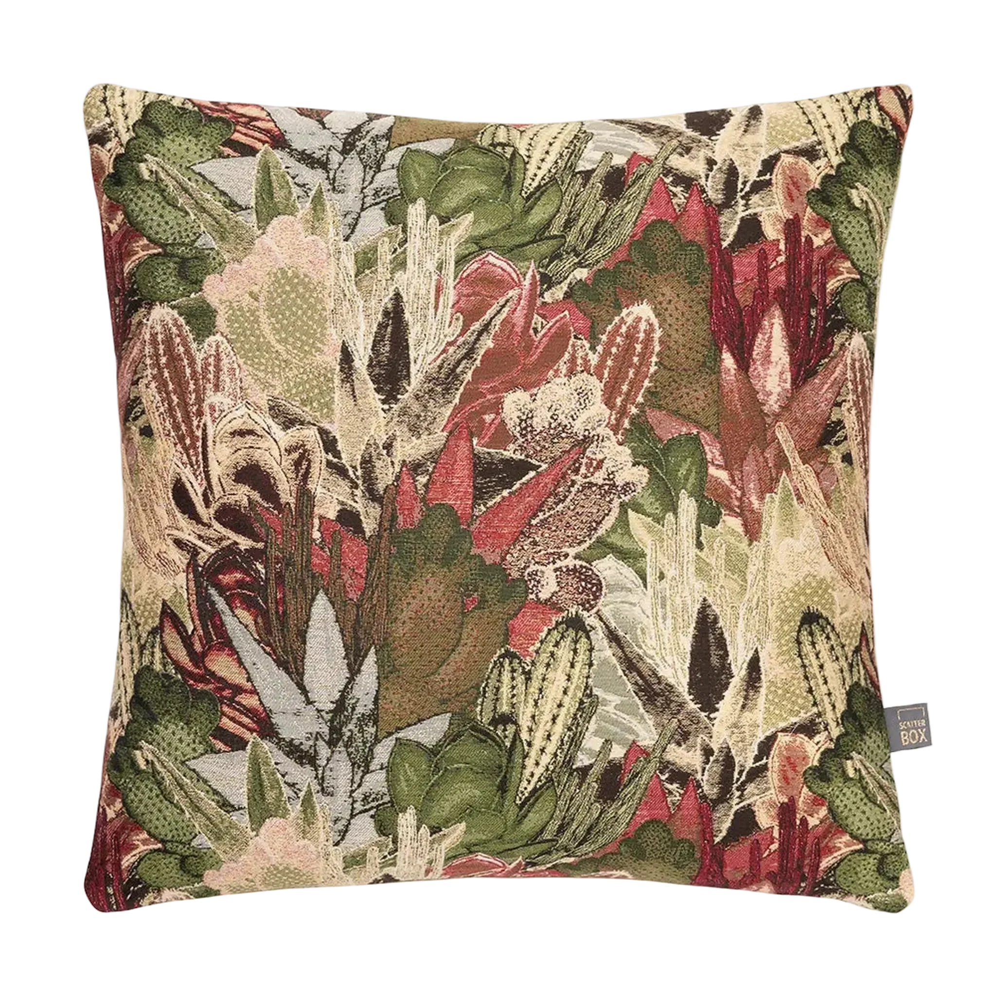 A square decorative Merida Cushion in Green featuring a dense, detailed botanical and cactus pattern in shades of green, red, beige, and brown, shown against a plain white background.