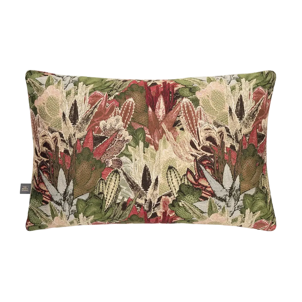 A rectangular lumbar Merida Cushion in Green featuring a detailed botanical tapestry pattern with green, red, beige, and brown elements, shown against a plain white background.