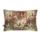 A rectangular lumbar Merida Cushion in Green featuring a detailed botanical tapestry pattern with green, red, beige, and brown elements, shown against a plain white background.
