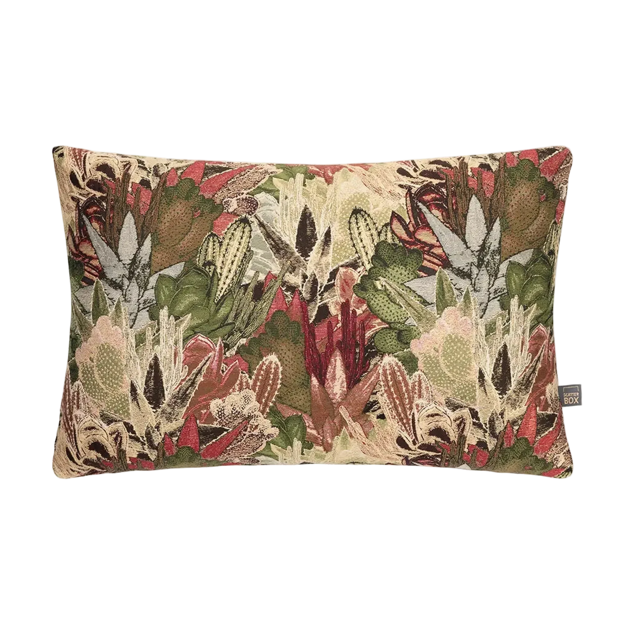 A rectangular decorative Merida Cushion in Green featuring a dense, textured botanical tapestry pattern with green, red, beige, and brown leaves and flowers, shown against a plain white background.