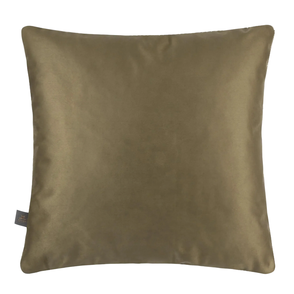 A square Preston Cushion in Green in a textured olive green fabric, shown against a plain white background with a small brand tag on the bottom left.