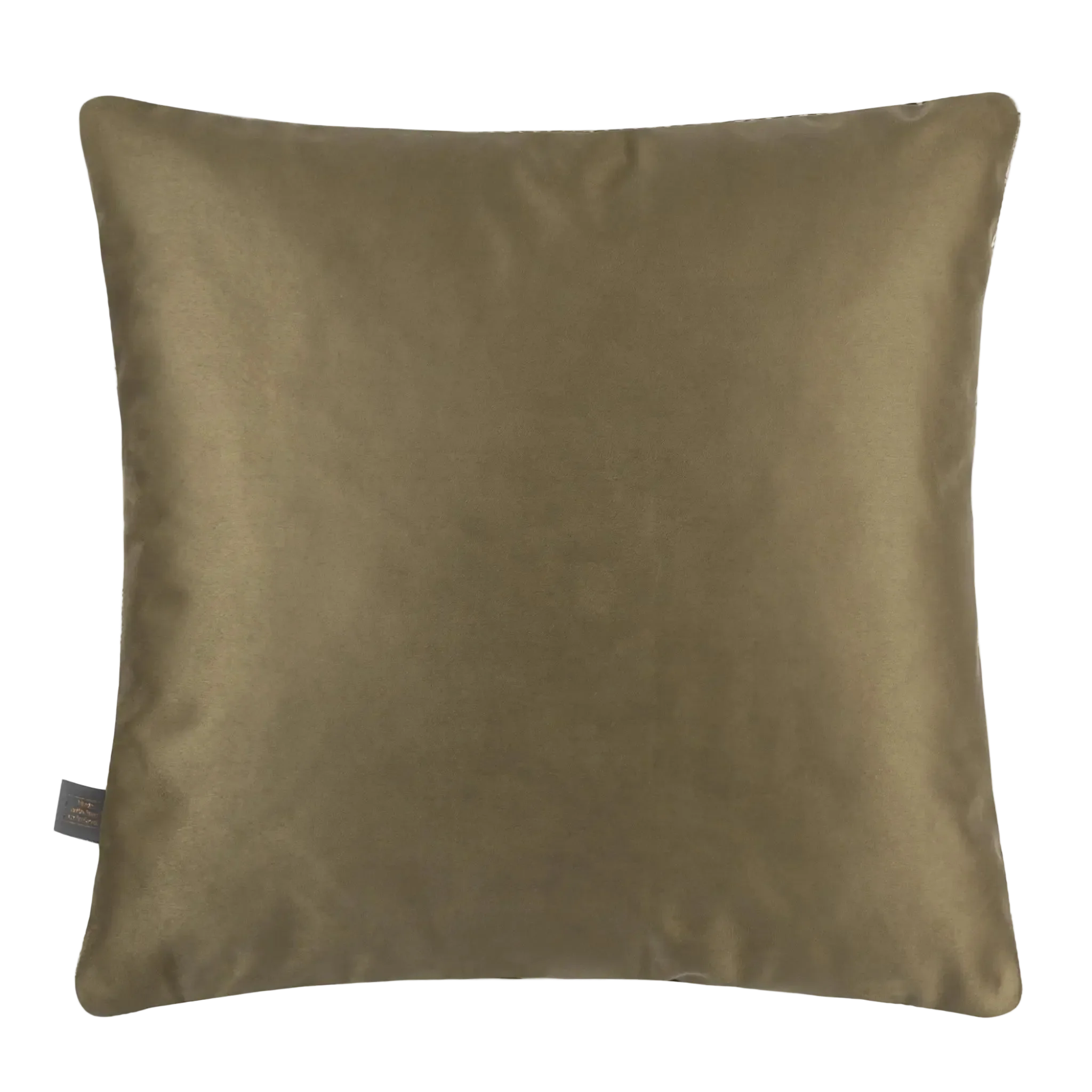 A square Preston Cushion in Green in a textured olive green fabric, shown against a plain white background with a small brand tag on the bottom left.