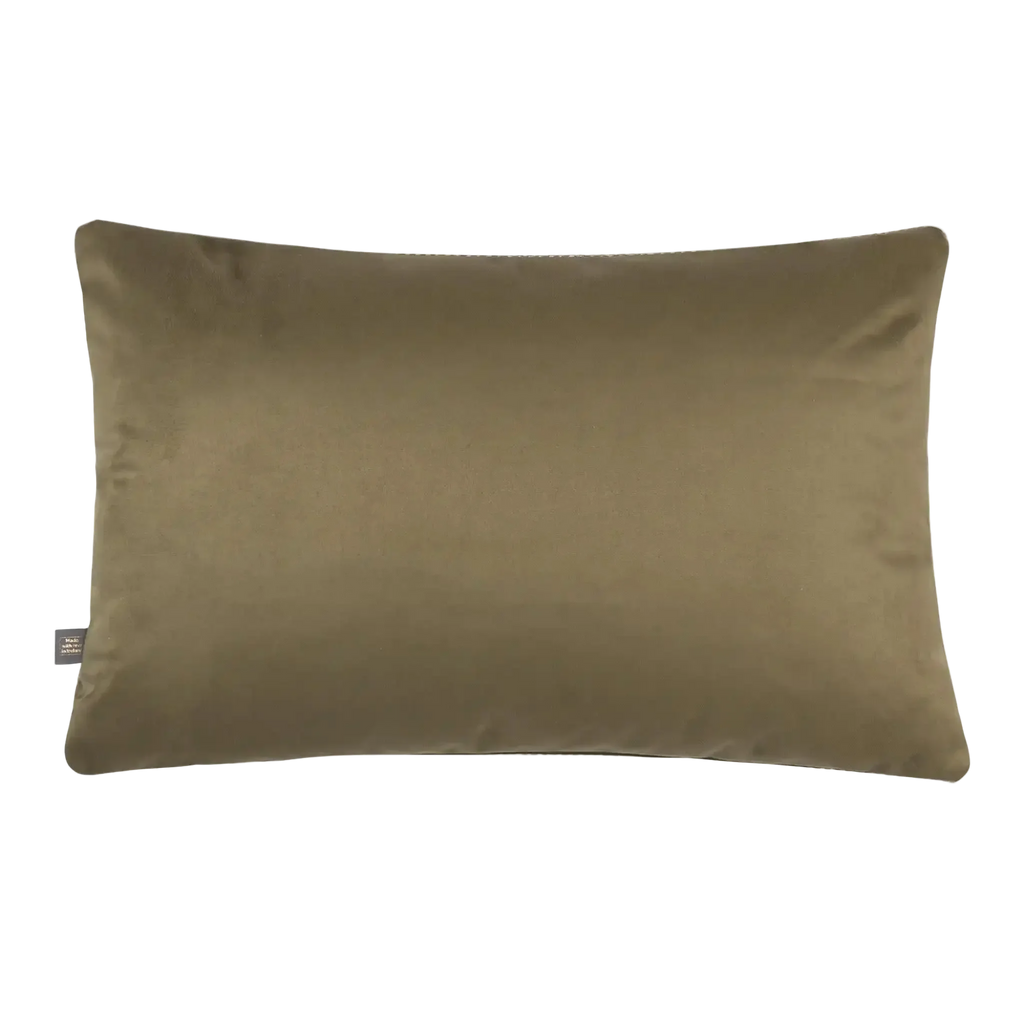 A rectangular Preston Cushion in Greenn a muted olive-brown velvet fabric, shown against a plain white background with a small brand tag on the left edge.