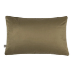 A rectangular Preston Cushion in Greenn a muted olive-brown velvet fabric, shown against a plain white background with a small brand tag on the left edge.