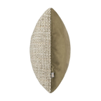 A single oval Preston Cushion in Greenshown against a plain white background, featuring a textured beige and brown woven pattern on one half and a smooth olive green fabric on the other.
