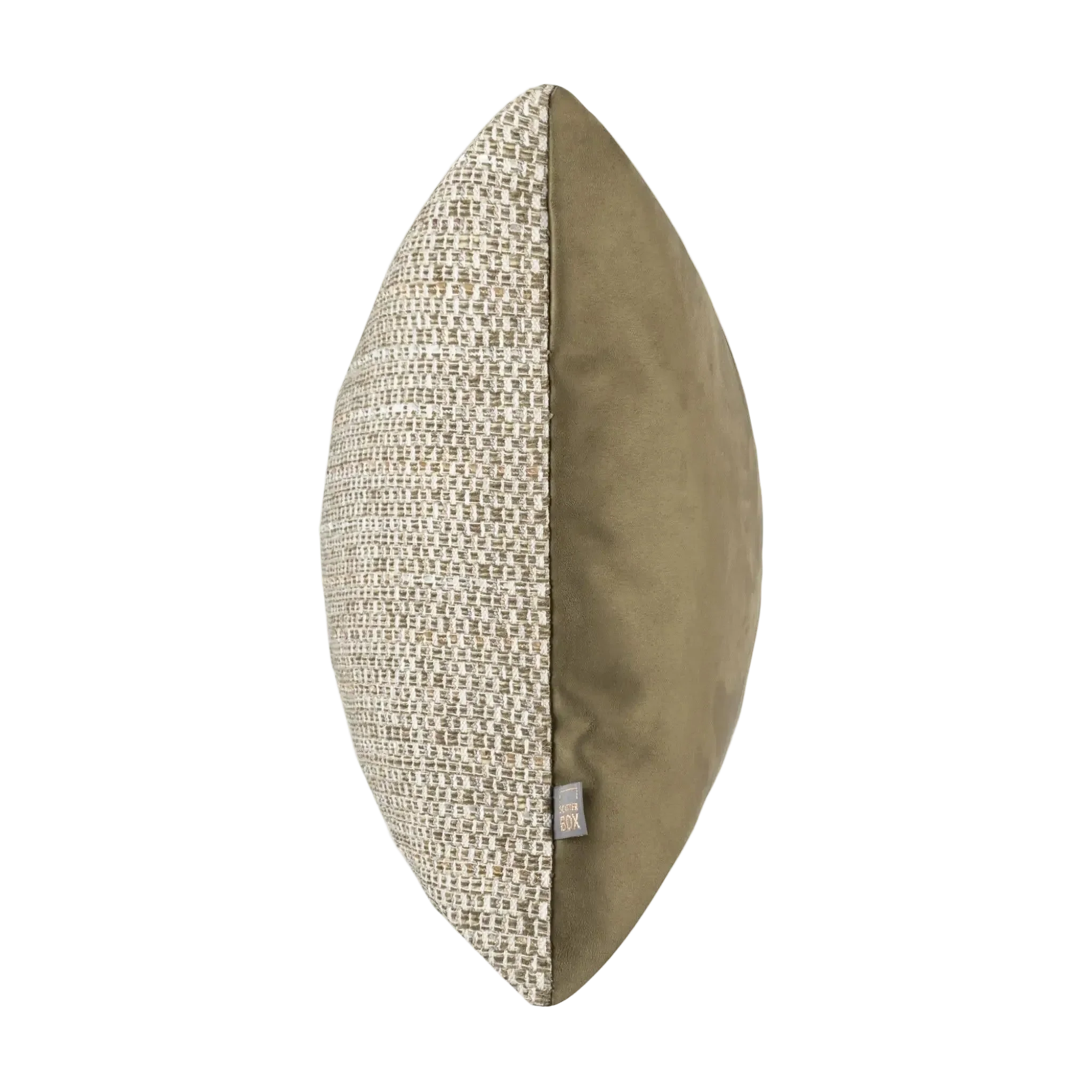 A single oval Preston Cushion in Greenshown against a plain white background, featuring a textured beige and brown woven pattern on one half and a smooth olive green fabric on the other.