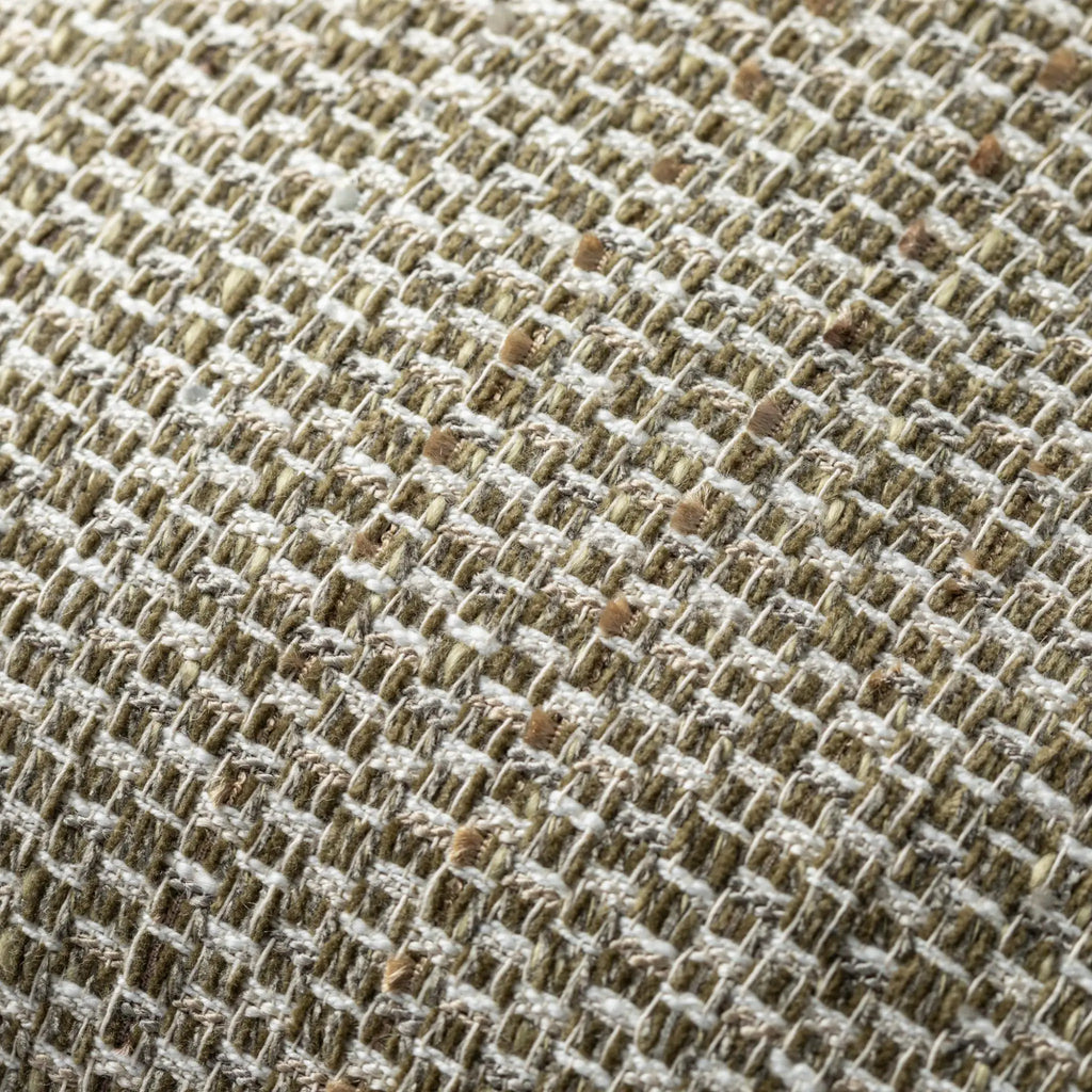 Close-up of a woven Preston Cushion in Green with a basketweave pattern in beige, brown, and off-white threads.