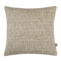 A square woven tPreston Cushion in Greenin a textured beige and off-white bouclé fabric, featuring a small woven brand tag on the bottom right corner.
