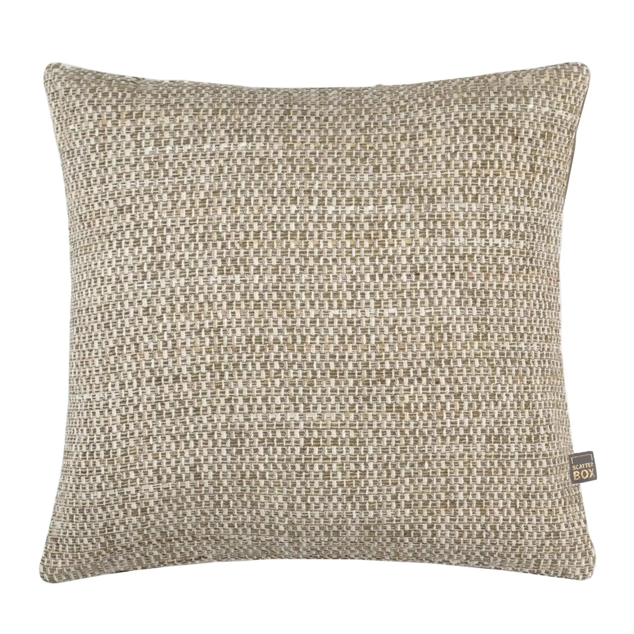 A square woven tPreston Cushion in Greenin a textured beige and off-white bouclé fabric, featuring a small woven brand tag on the bottom right corner.