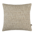 A square woven Preston Cushion in Green in a textured beige and off-white bouclé fabric, featuring a small woven brand tag on the bottom right corner.