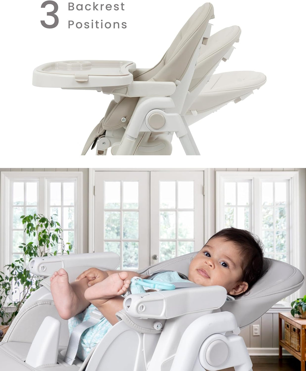 Baby in a high chair with adjustable backrest positions, set against a neutral indoor background.